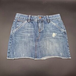 X2 Denim Laboratory Blue Denim Skirt Mini Distressed Raw Hem‎ Size 4